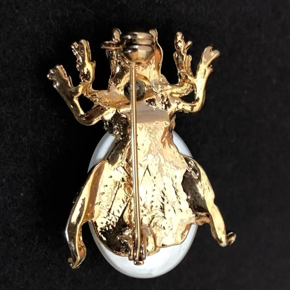 Vintage Bug Beetle Insect Faux Pearl Goldtone Brooch PIN 1 1/2